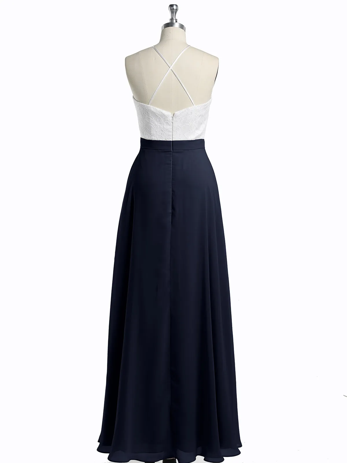 Chiffon Long Dresses with Ivory Lace Bodice-Dark Navy