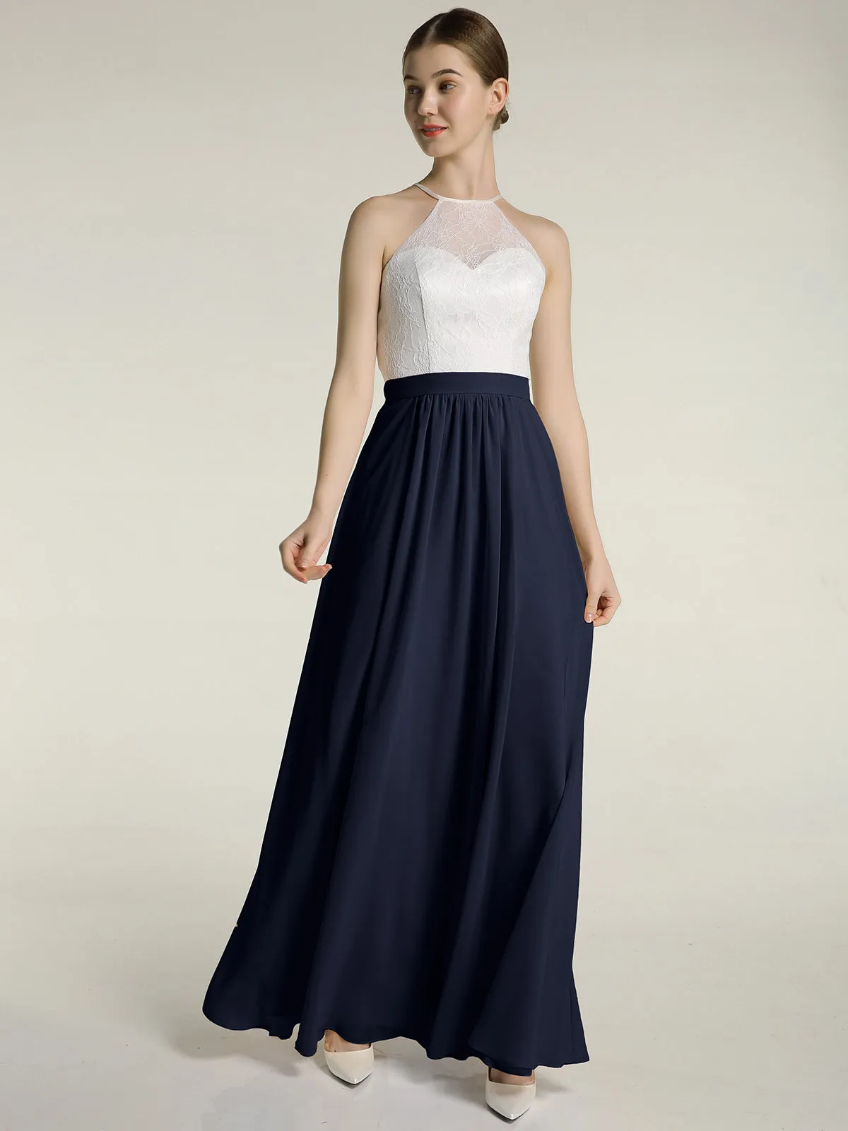 Chiffon Long Dresses with Ivory Lace Bodice-Dark Navy