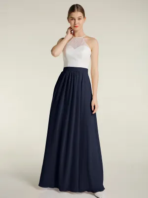 Chiffon Long Dresses with Ivory Lace Bodice-Dark Navy