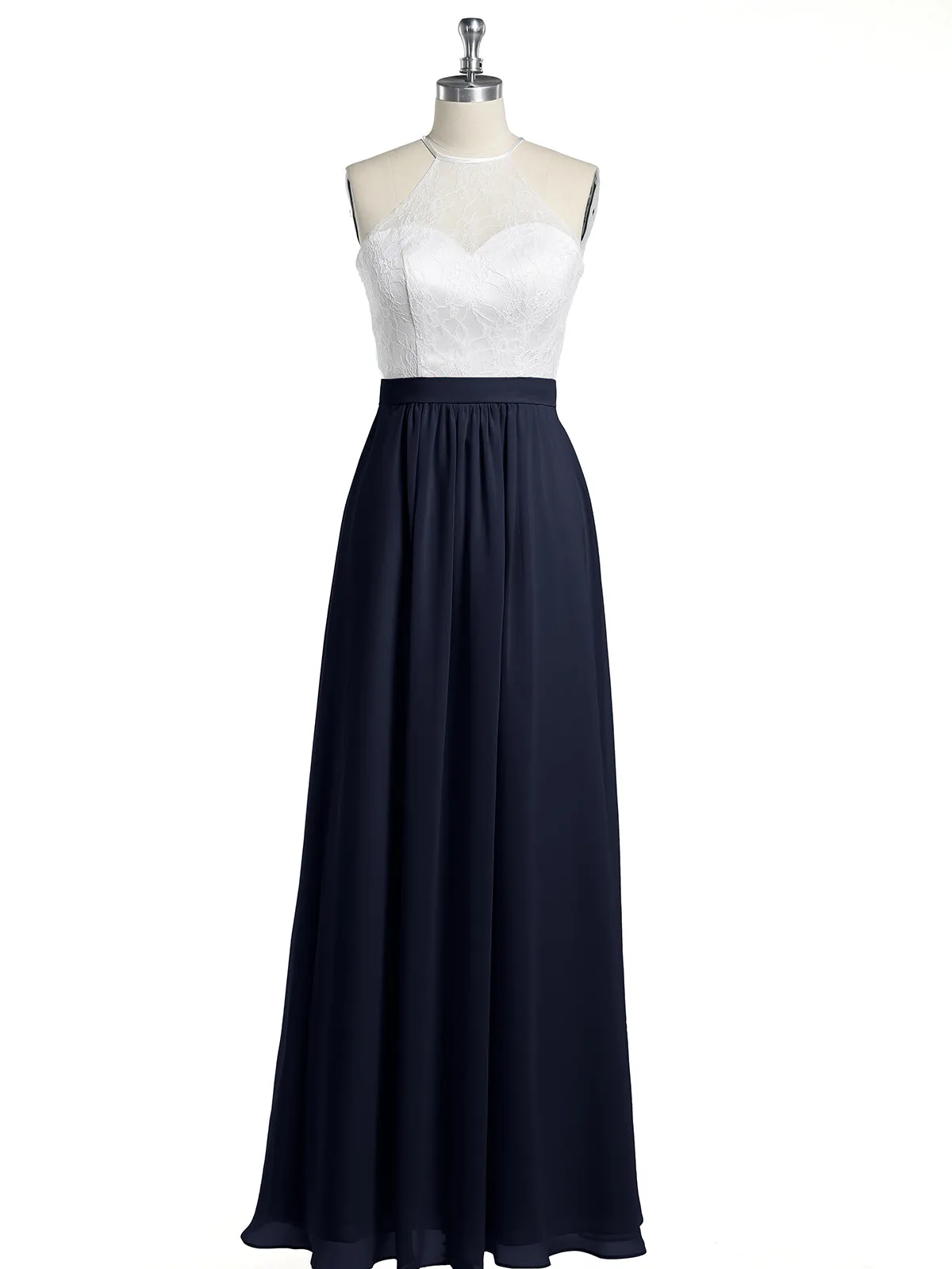 Chiffon Long Dresses with Ivory Lace Bodice-Dark Navy