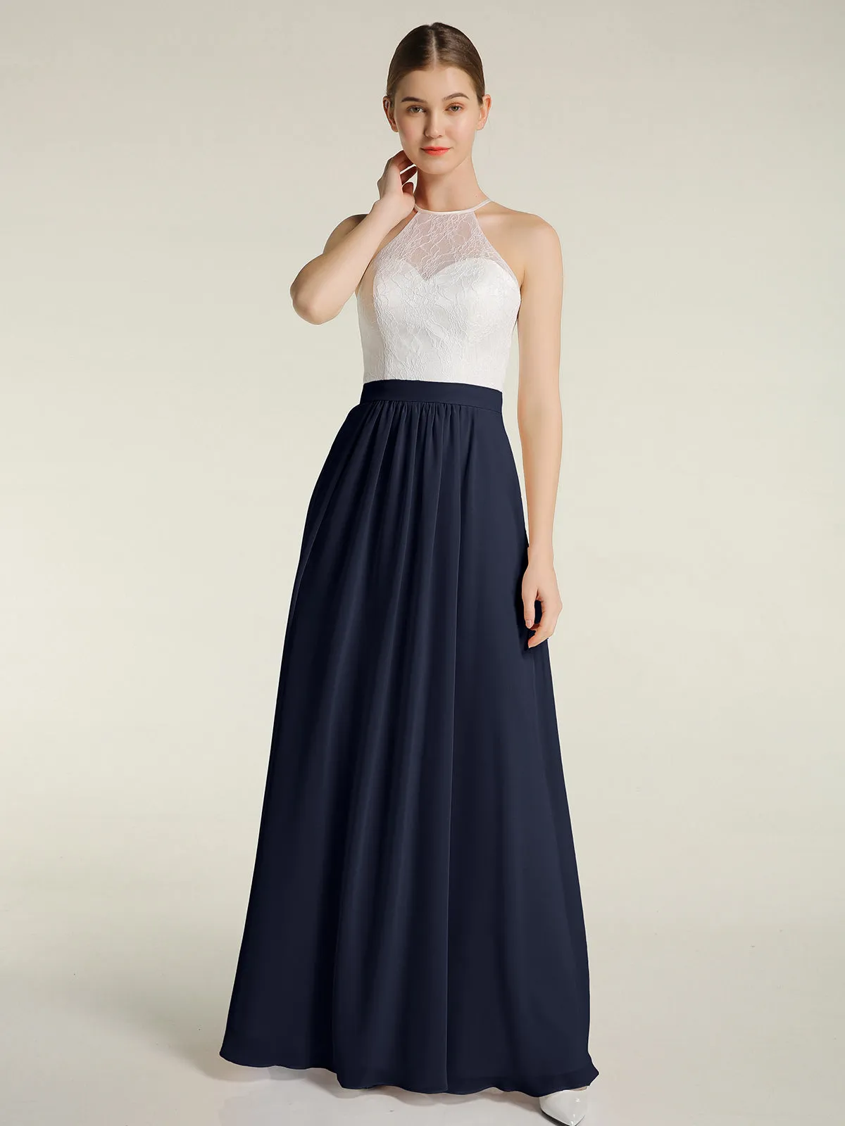 Chiffon Long Dresses with Ivory Lace Bodice-Dark Navy