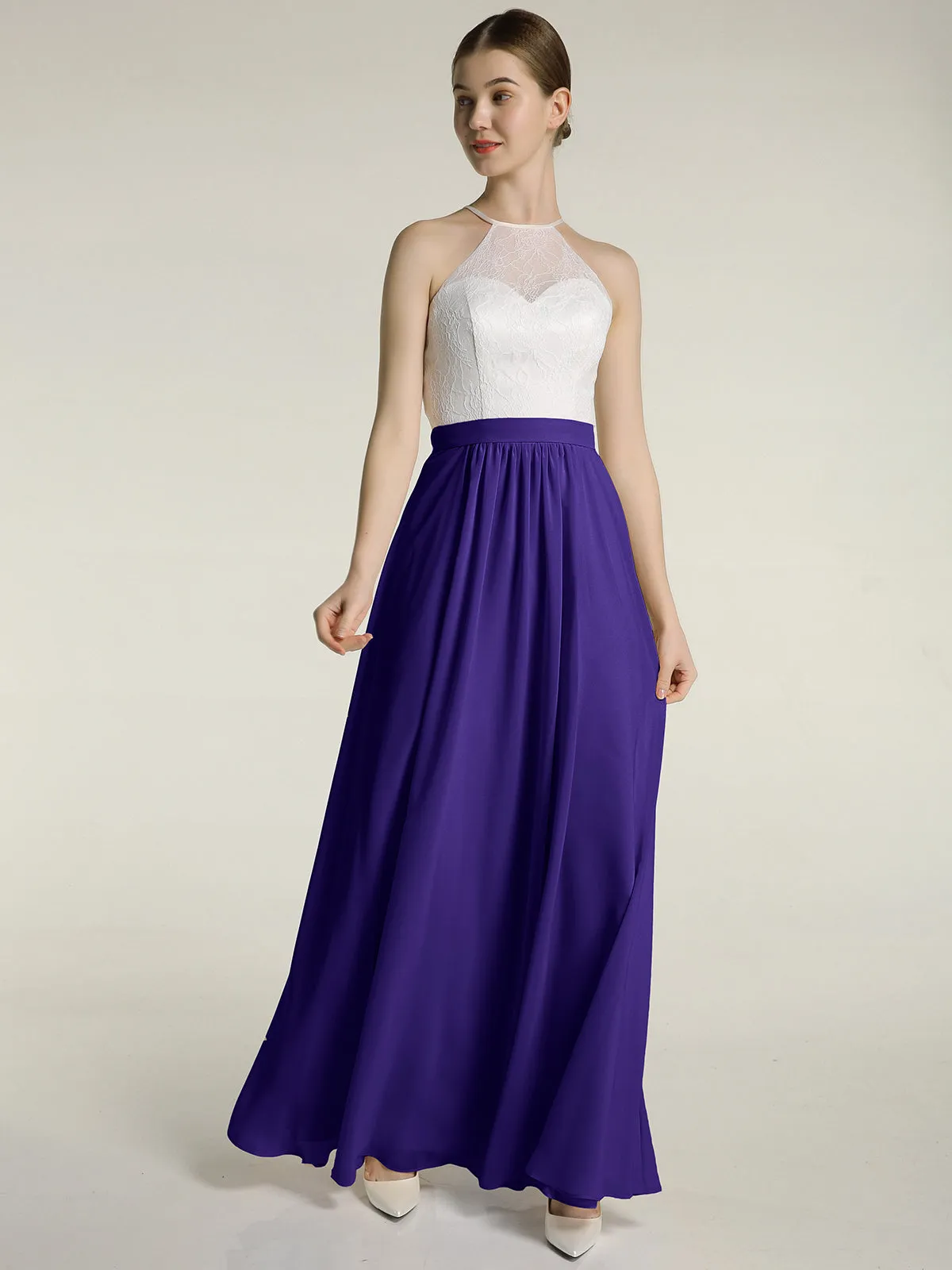 Chiffon Long Dresses with Ivory Lace Bodice-Regency Plus Size
