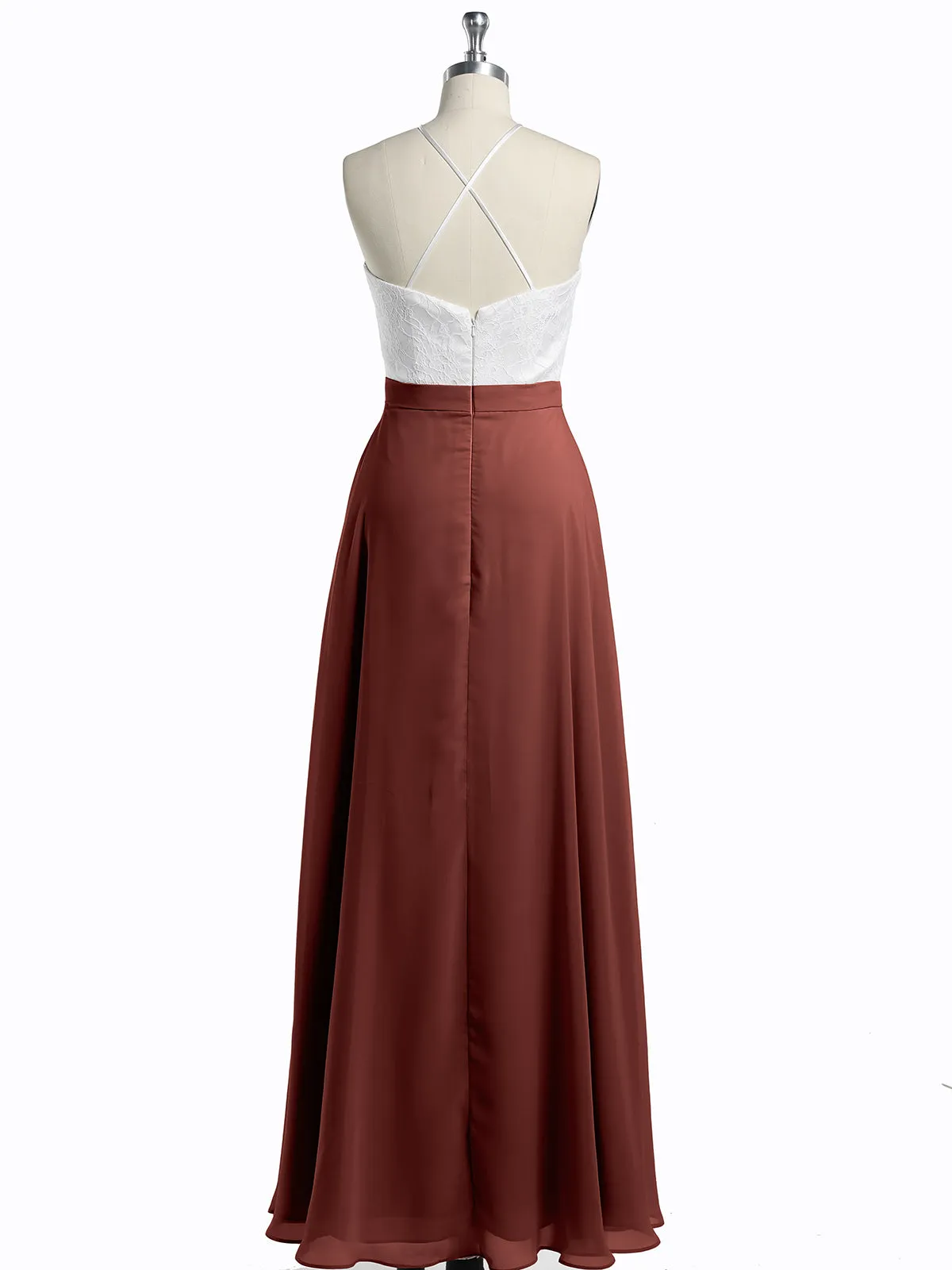 Chiffon Long Dresses with Ivory Lace Bodice-Terracotta