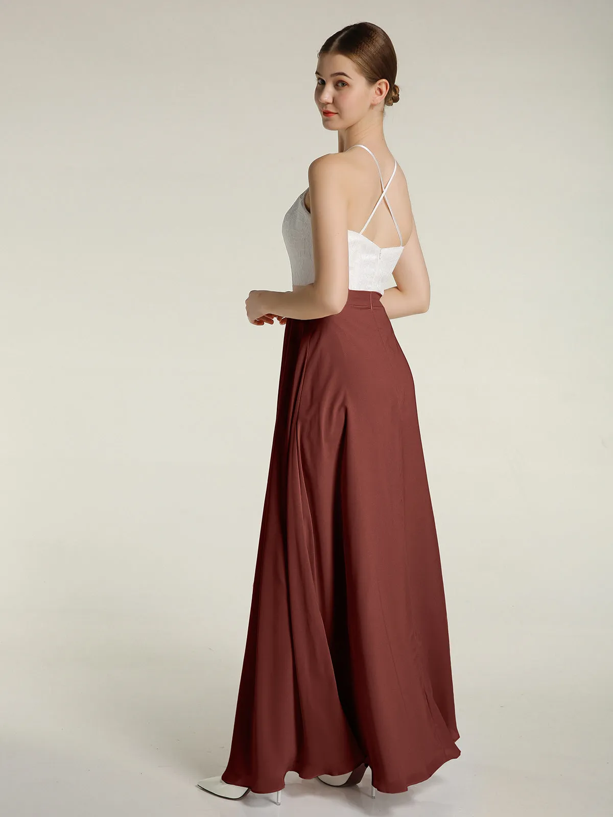 Chiffon Long Dresses with Ivory Lace Bodice-Terracotta