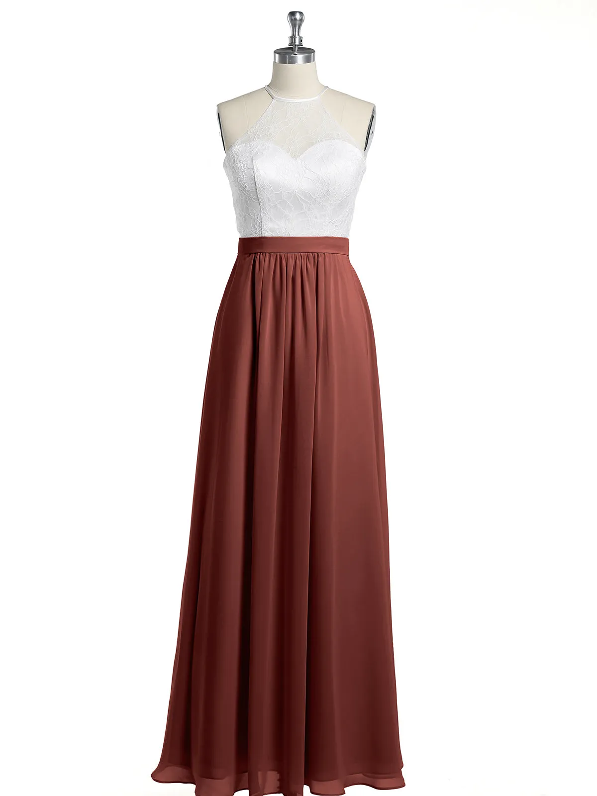 Chiffon Long Dresses with Ivory Lace Bodice-Terracotta
