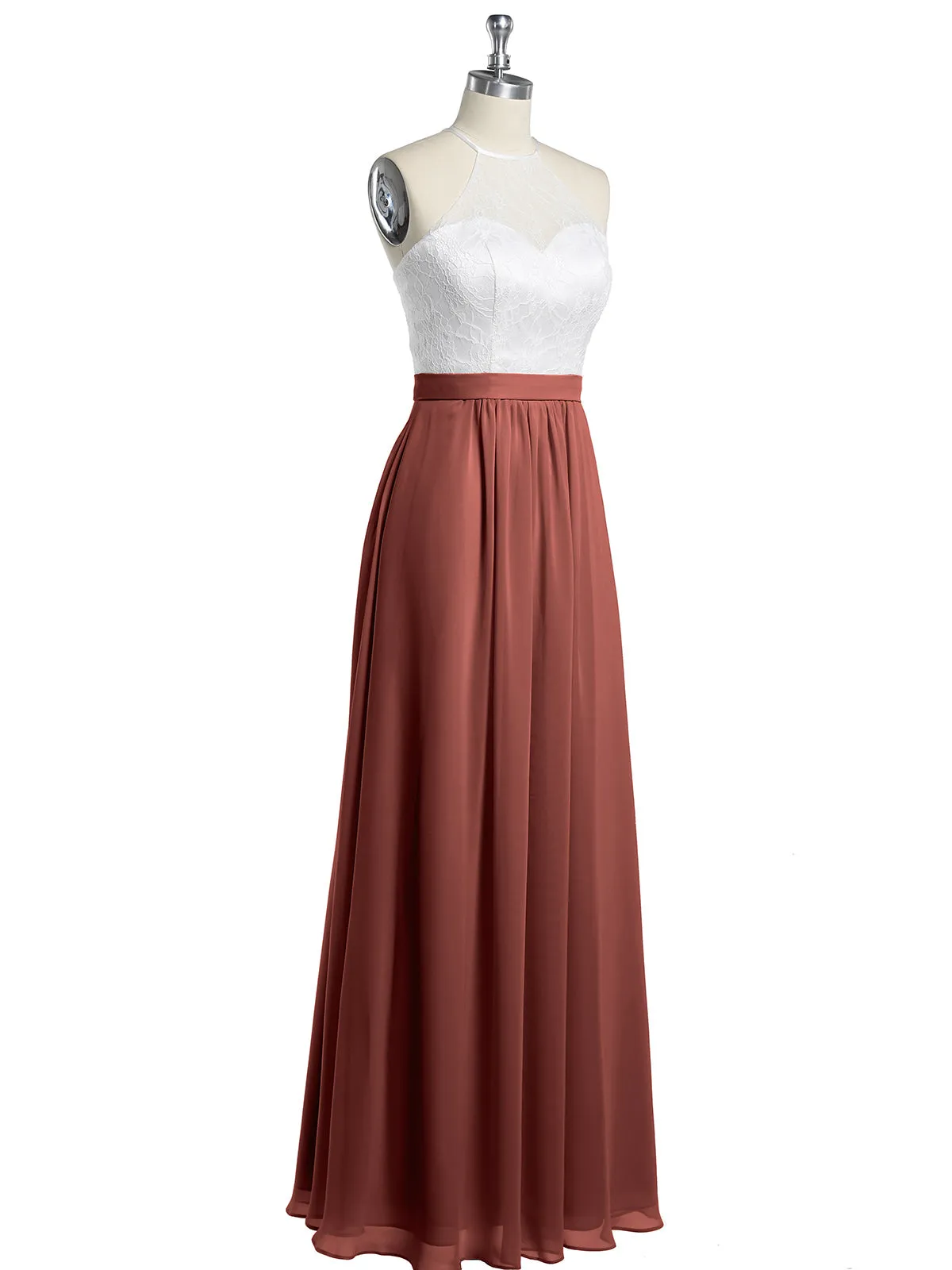 Chiffon Long Dresses with Ivory Lace Bodice-Terracotta