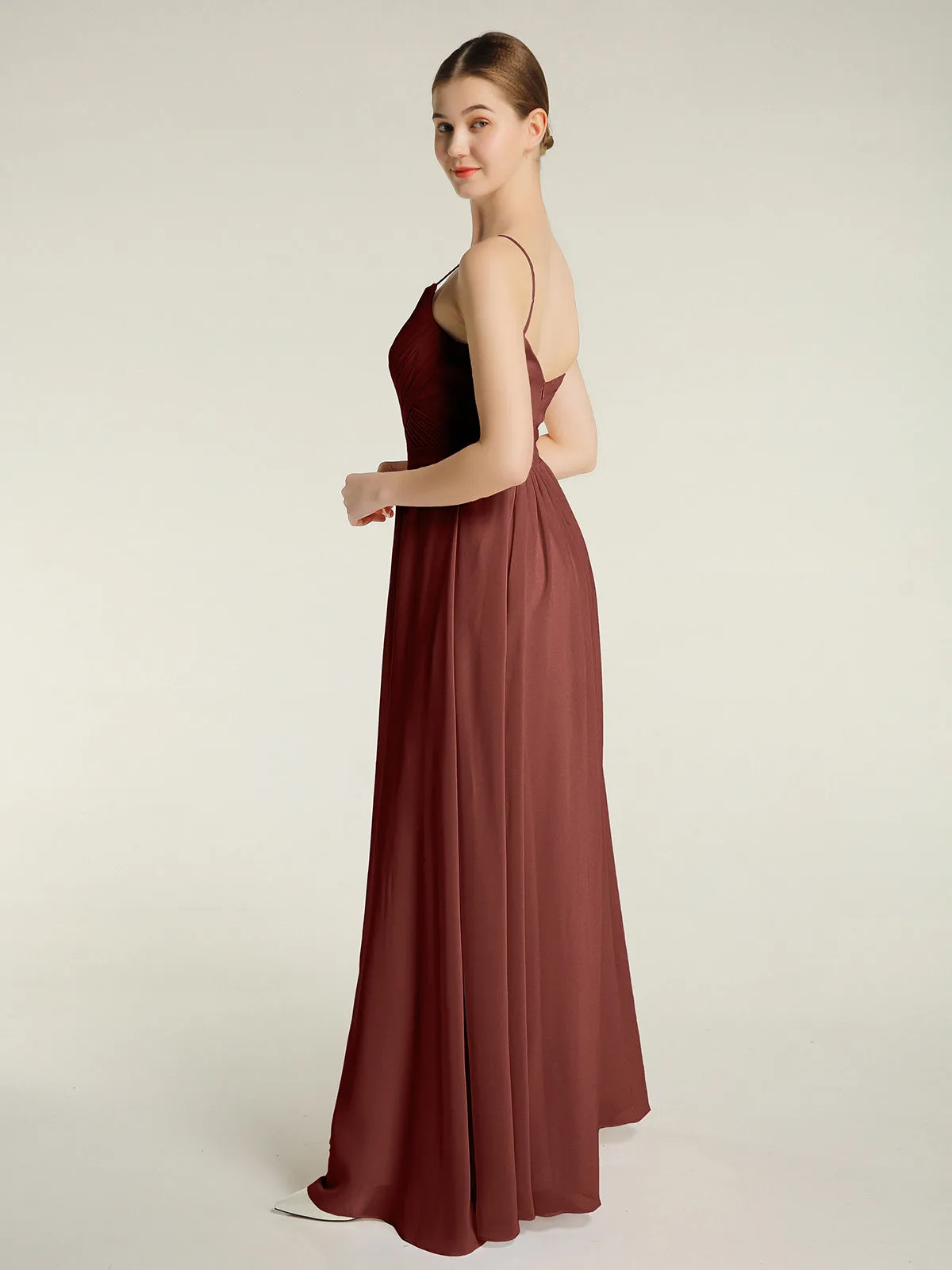 Cross Pleated Bodice Spaghetti Strap Dresses Terracotta