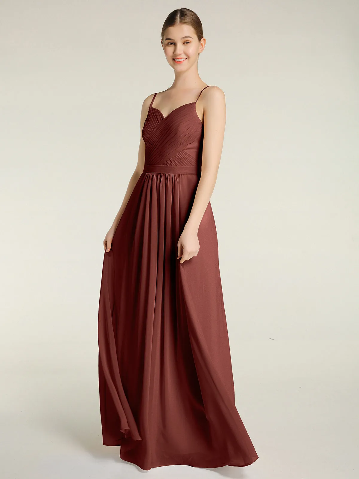 Cross Pleated Bodice Spaghetti Strap Dresses Terracotta