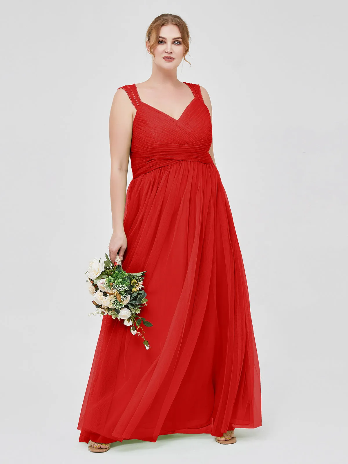 Cross-Pleated Tulle Long Dresses with Beaded Straps Red