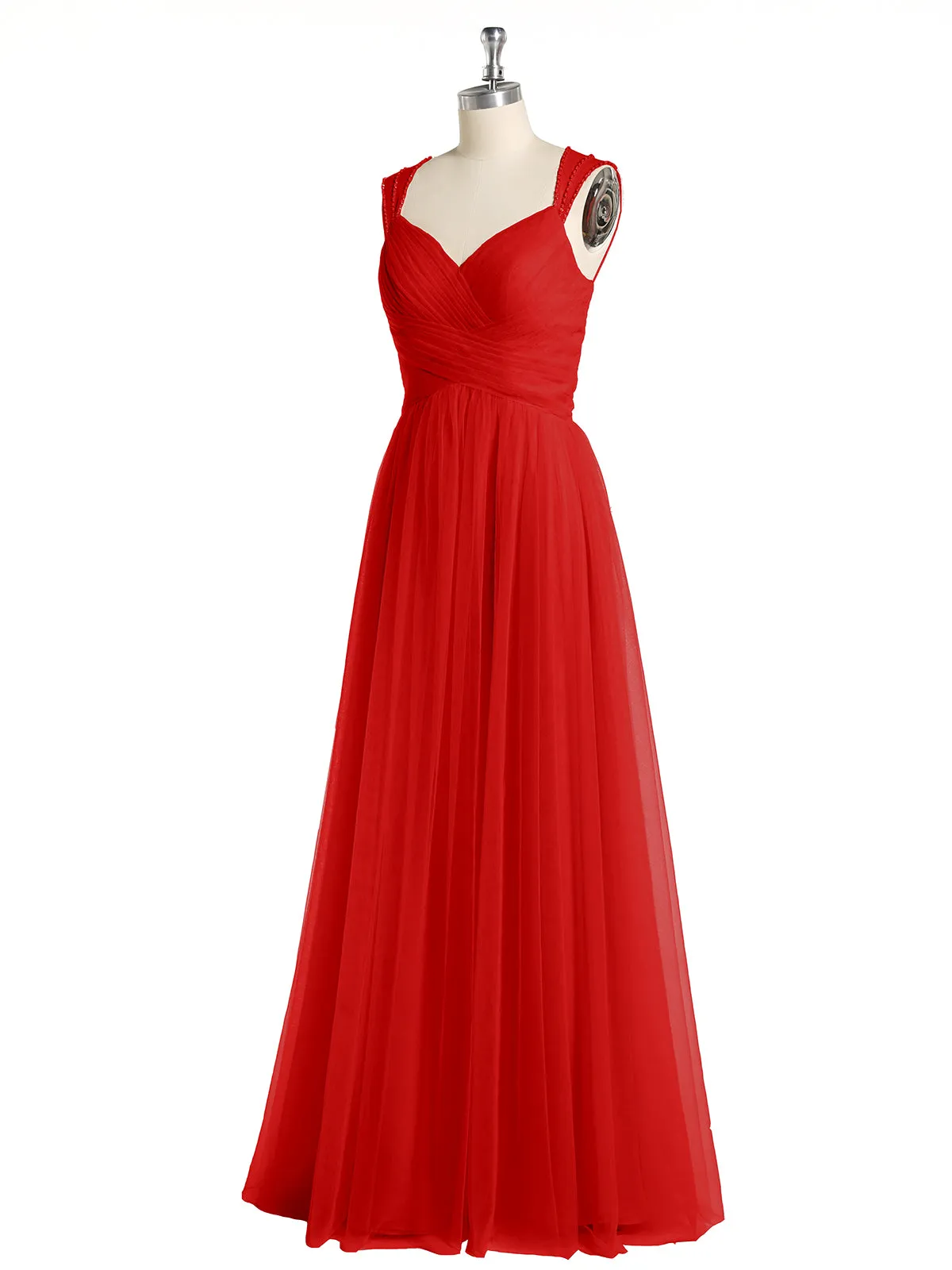 Cross-Pleated Tulle Long Dresses with Beaded Straps Red