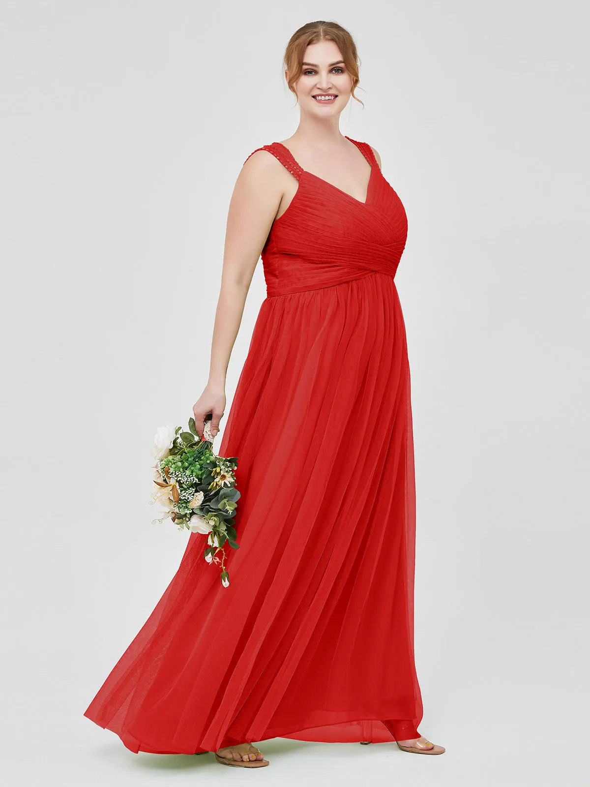 Cross-Pleated Tulle Long Dresses with Beaded Straps Red