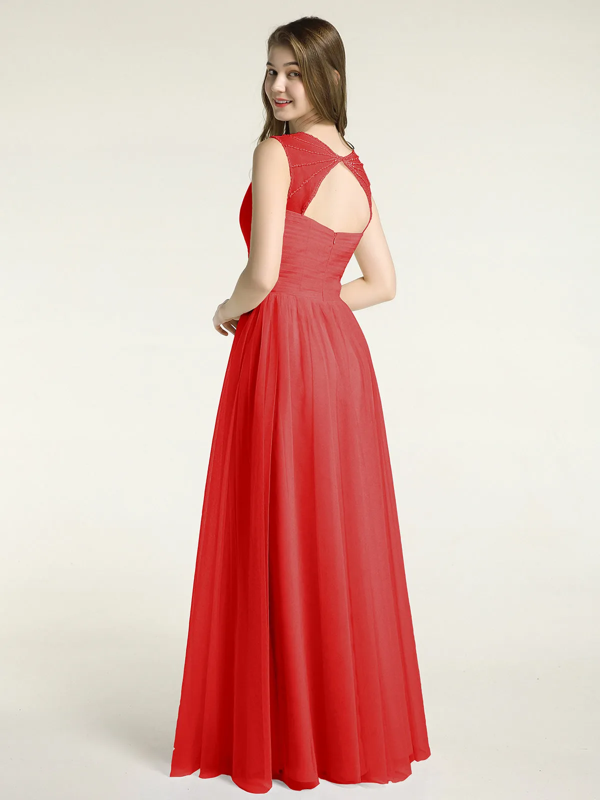Cross-Pleated Tulle Long Dresses with Beaded Straps Red