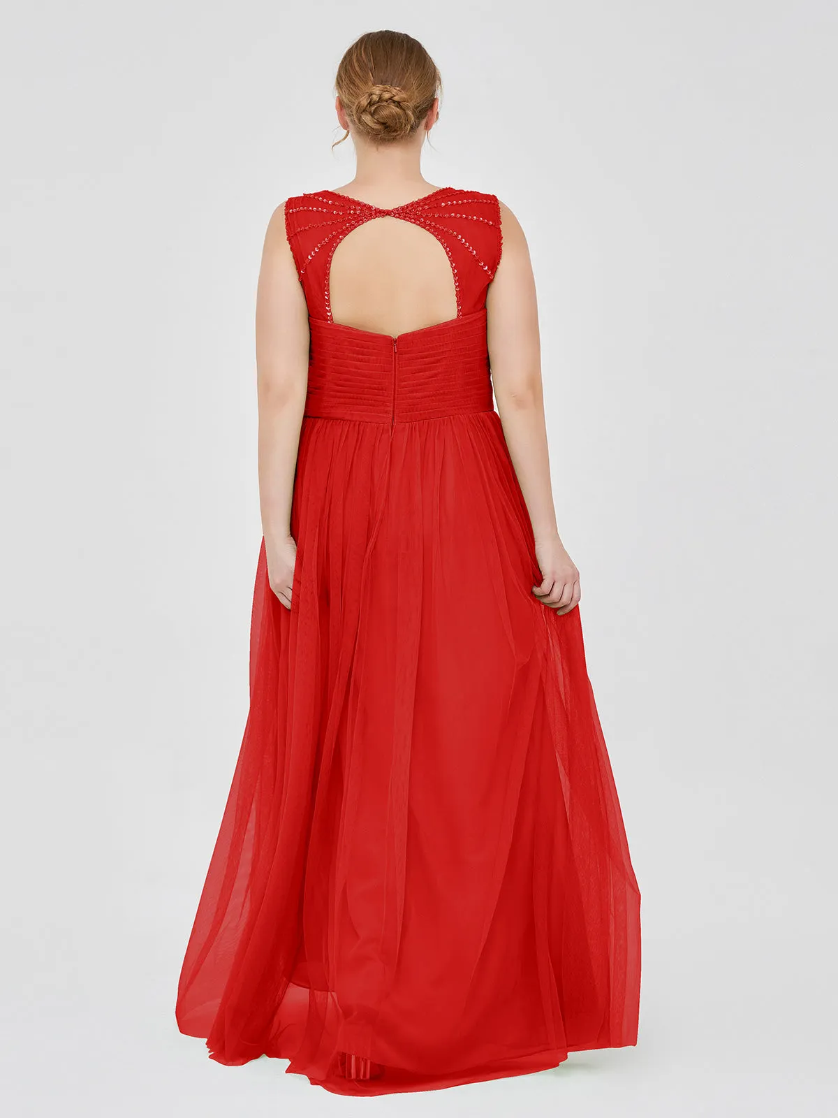 Cross-Pleated Tulle Long Dresses with Beaded Straps Red