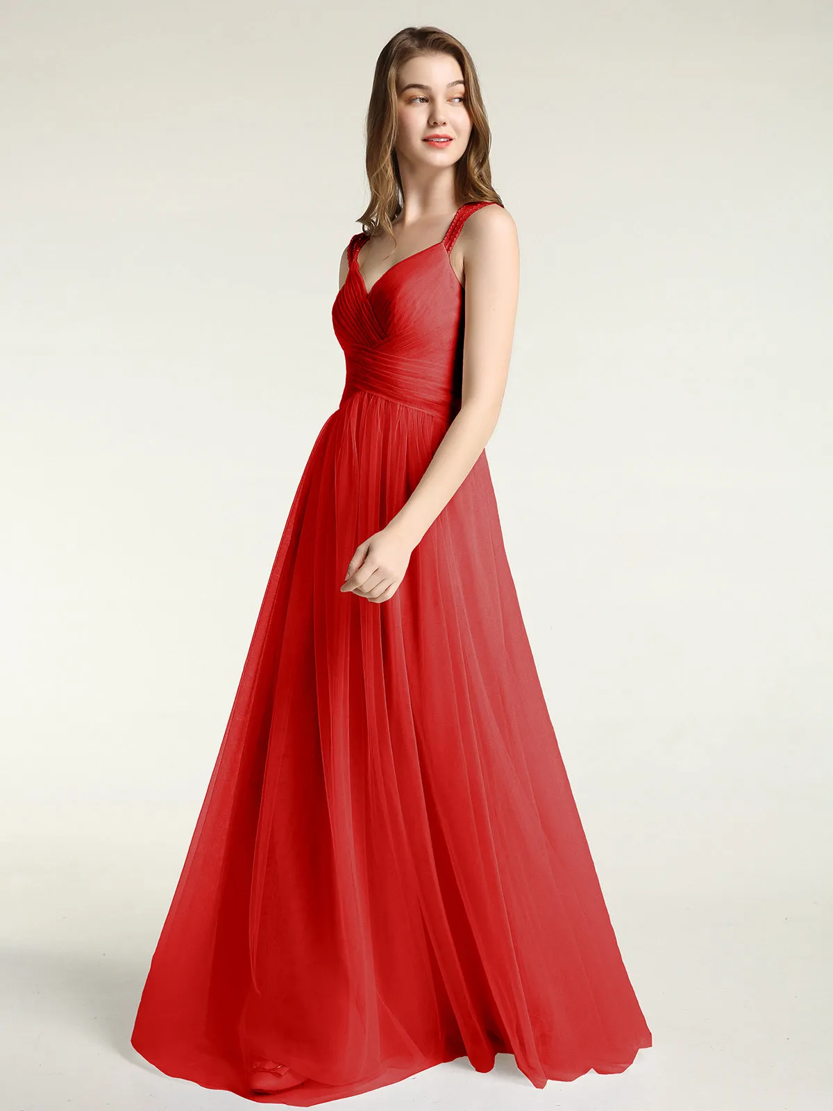 Cross-Pleated Tulle Long Dresses with Beaded Straps Red