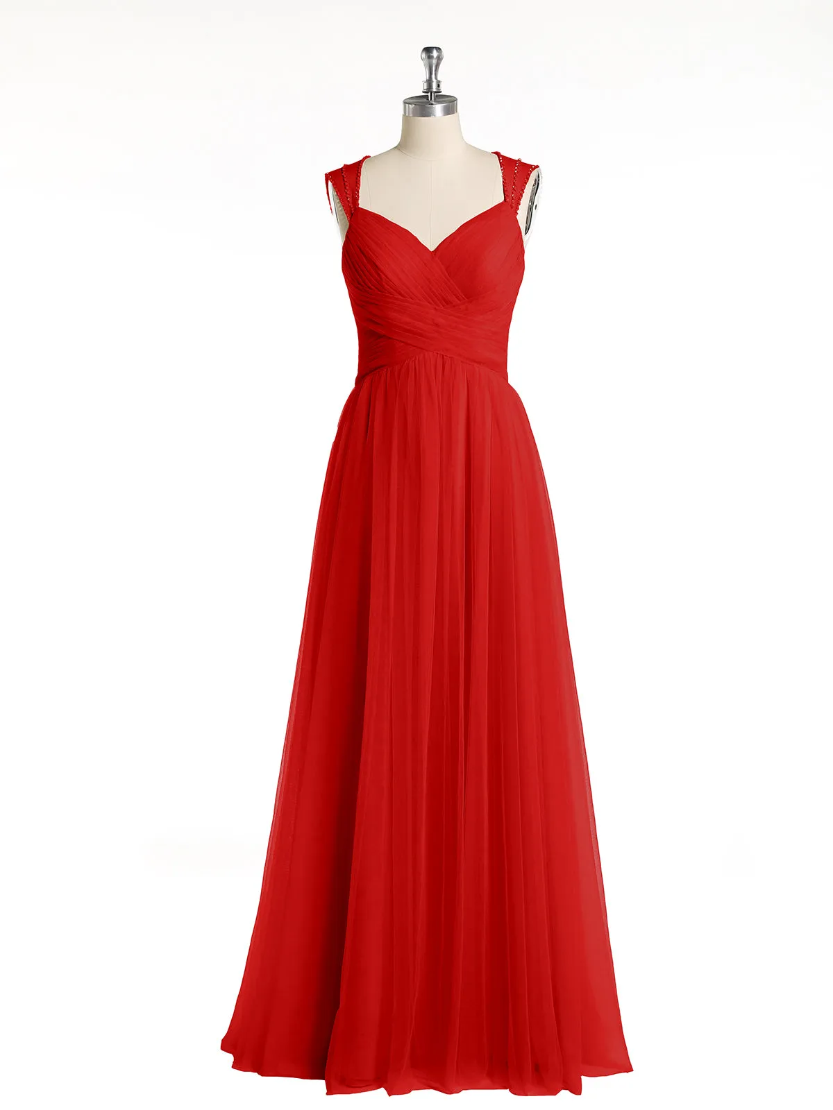 Cross-Pleated Tulle Long Dresses with Beaded Straps Red