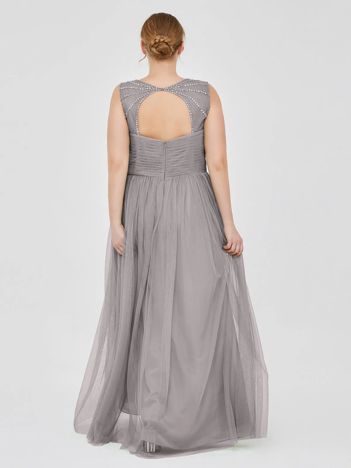 Cross-Pleated Tulle Long Dresses with Beaded Straps Silver