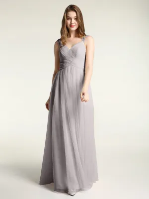 Cross-Pleated Tulle Long Dresses with Beaded Straps Silver