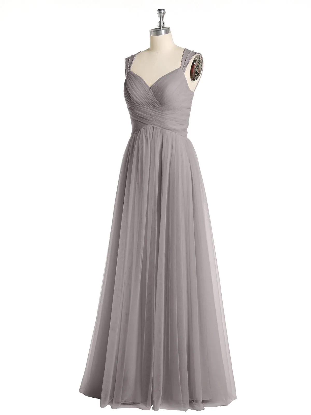 Cross-Pleated Tulle Long Dresses with Beaded Straps Silver