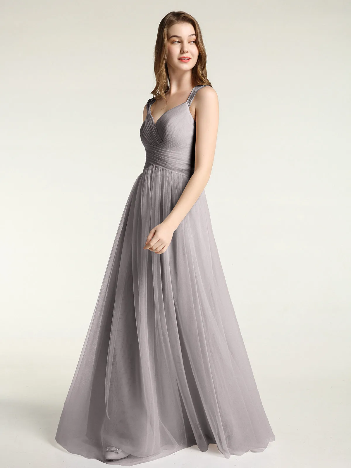 Cross-Pleated Tulle Long Dresses with Beaded Straps Silver