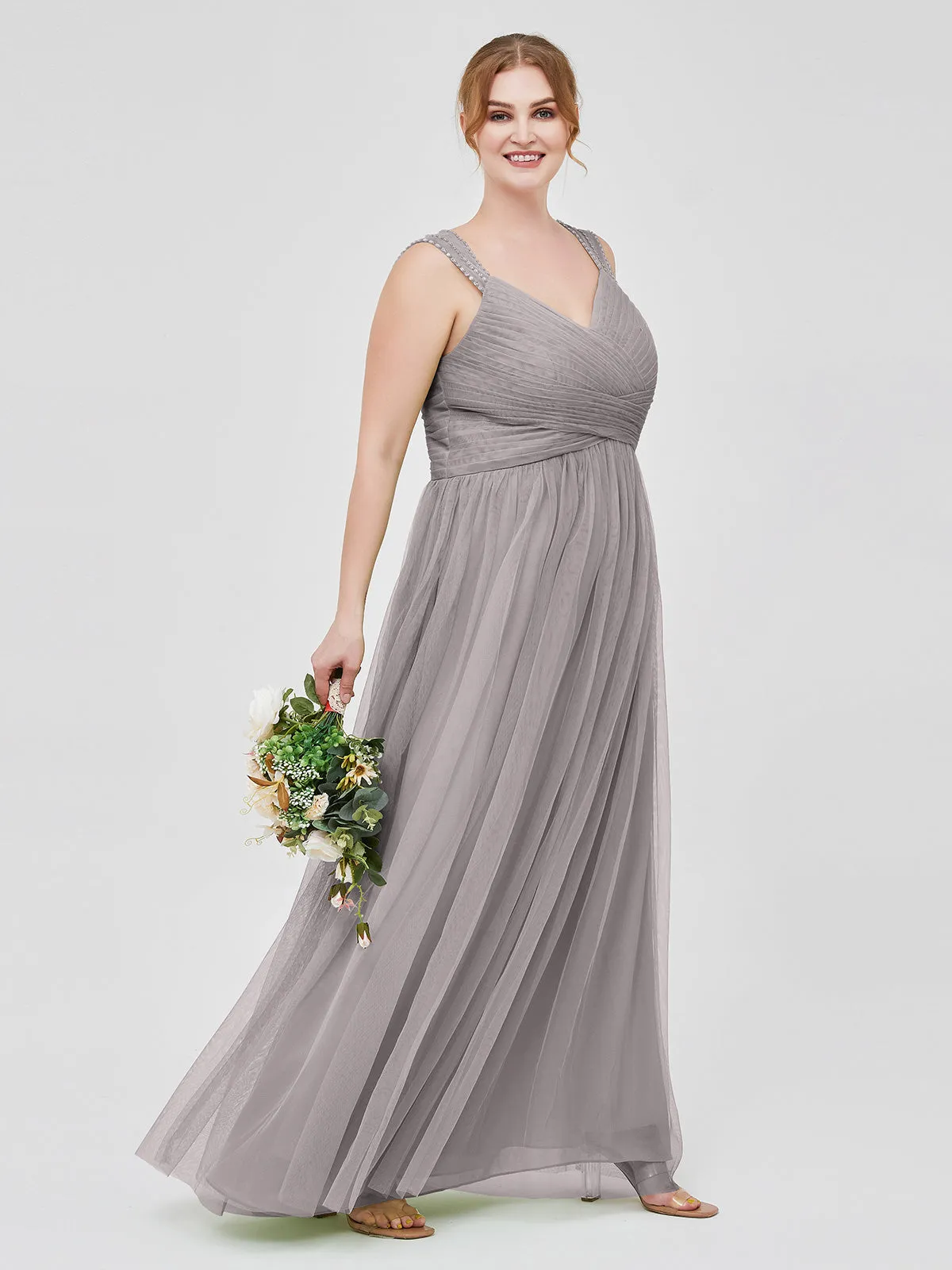 Cross-Pleated Tulle Long Dresses with Beaded Straps Silver