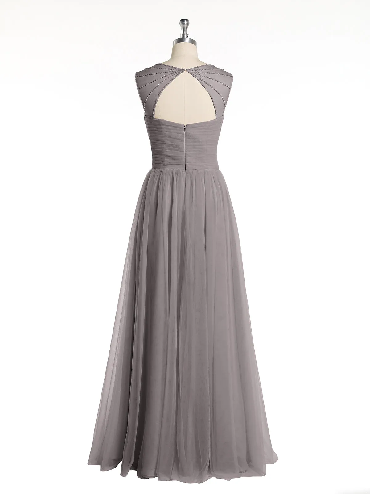 Cross-Pleated Tulle Long Dresses with Beaded Straps Silver