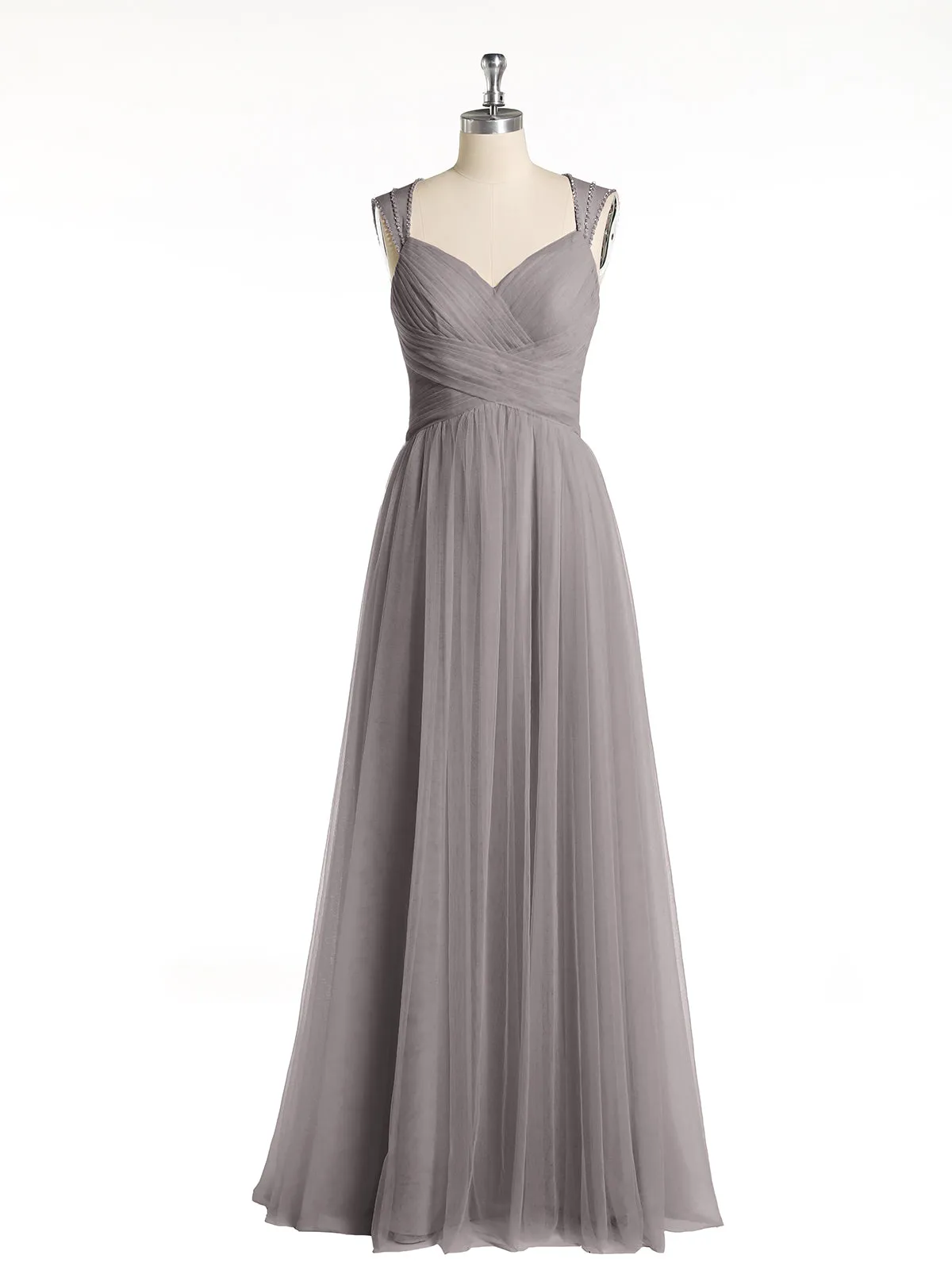 Cross-Pleated Tulle Long Dresses with Beaded Straps Silver