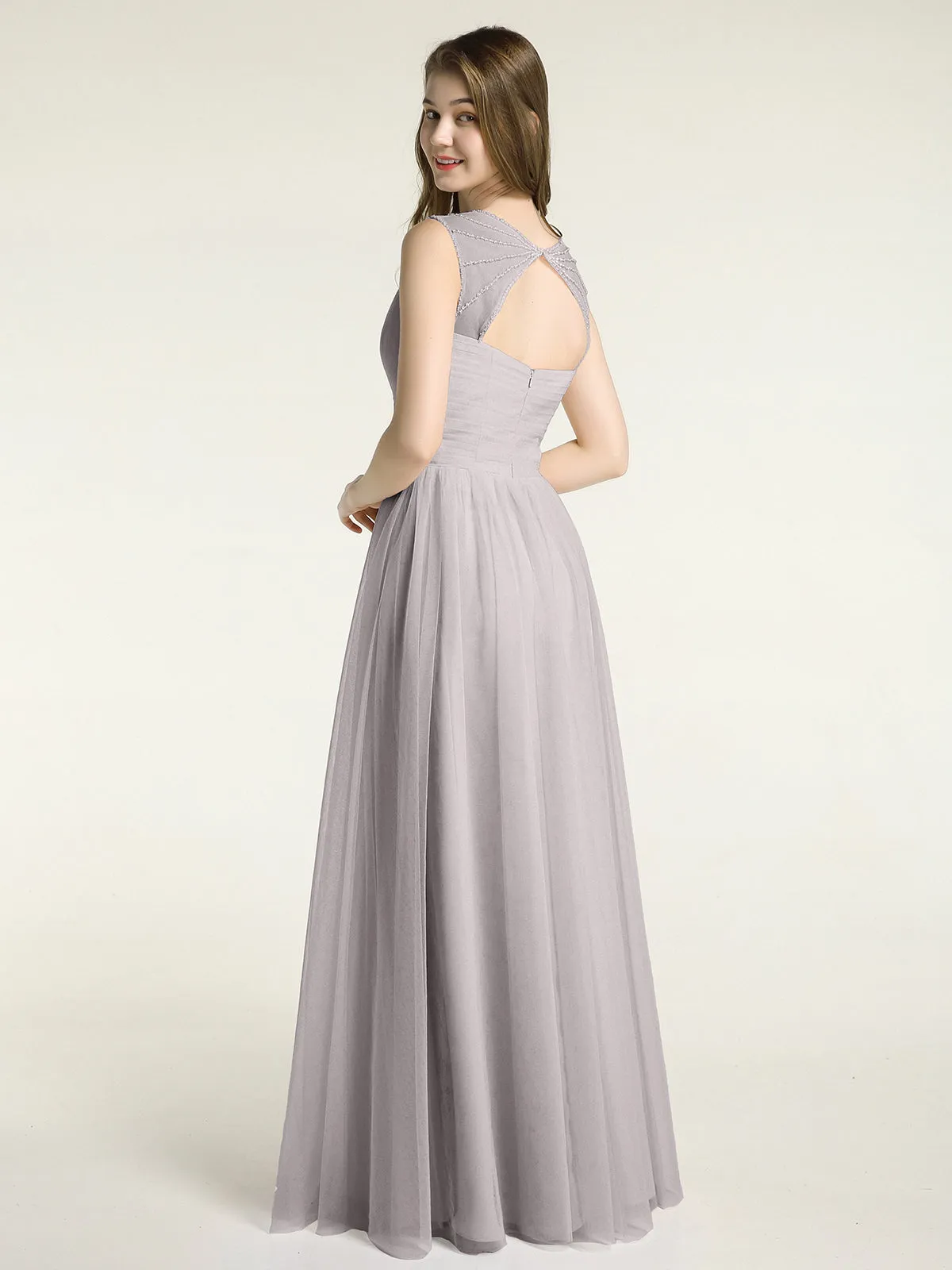 Cross-Pleated Tulle Long Dresses with Beaded Straps Silver