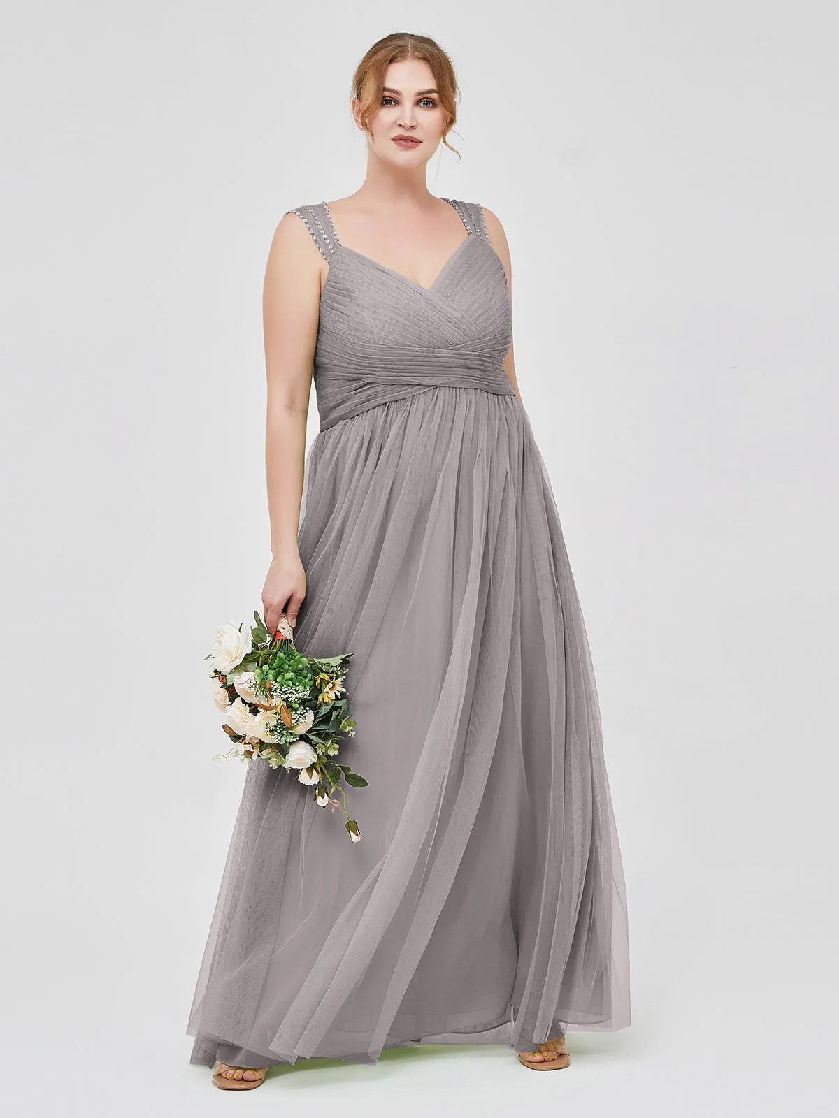 Cross-Pleated Tulle Long Dresses with Beaded Straps Silver