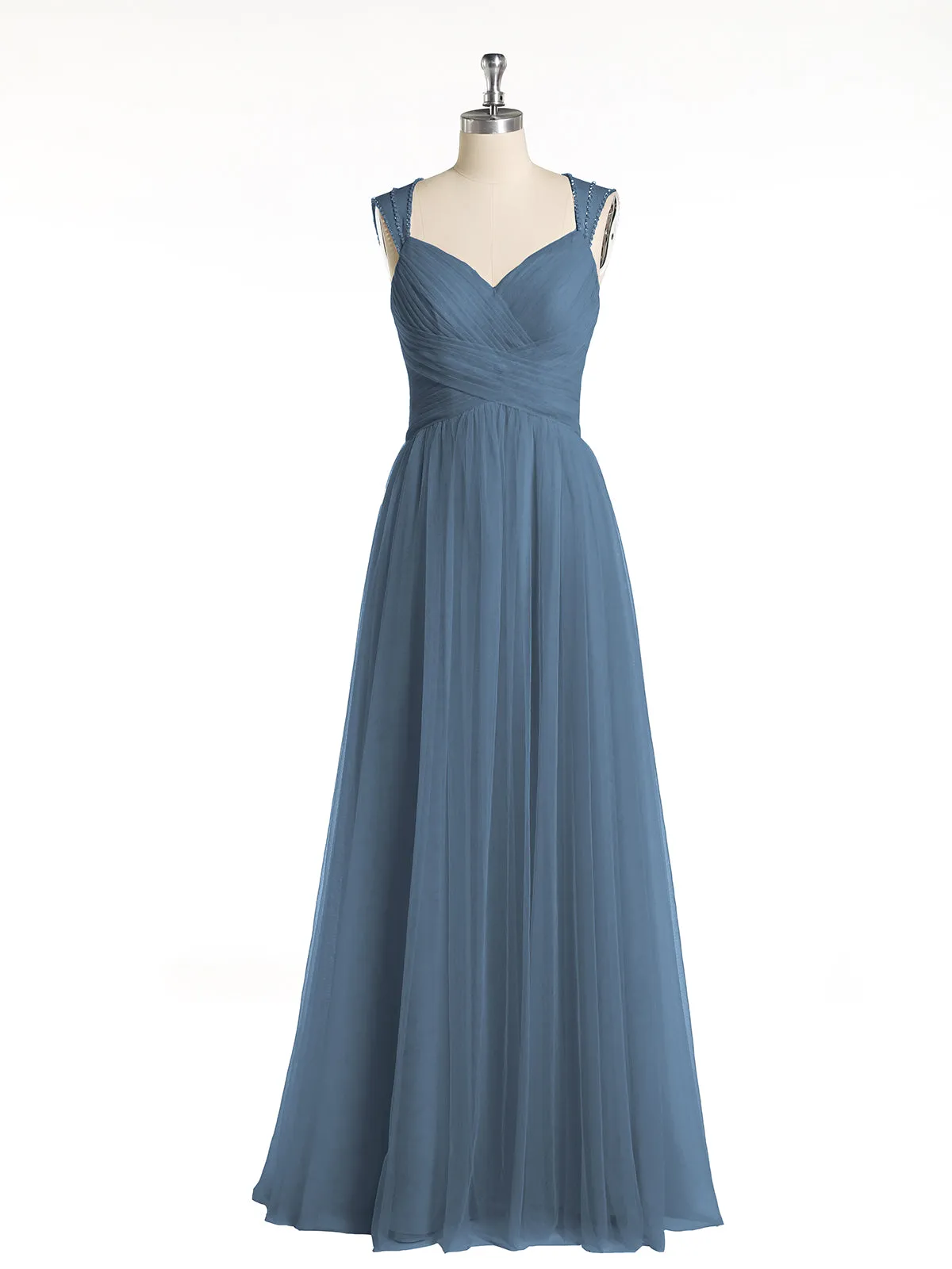 Cross-Pleated Tulle Long Dresses with Beaded Straps Slate Blue