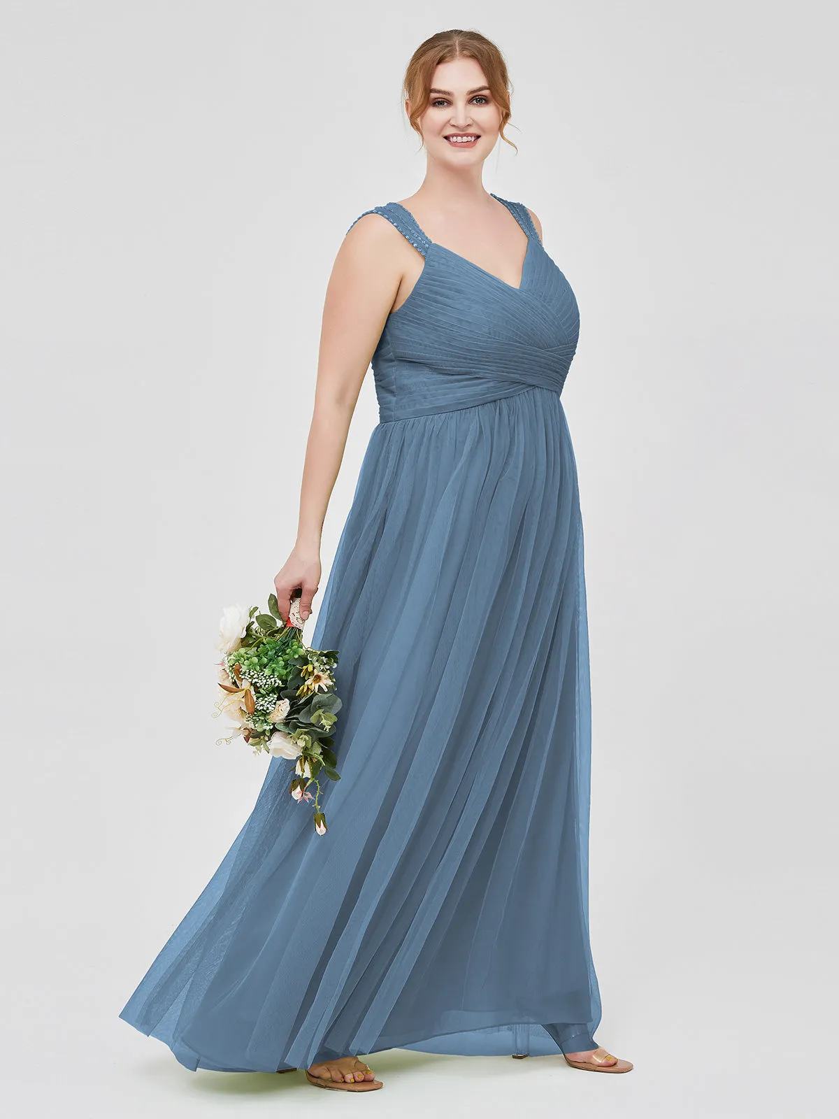 Cross-Pleated Tulle Long Dresses with Beaded Straps Slate Blue