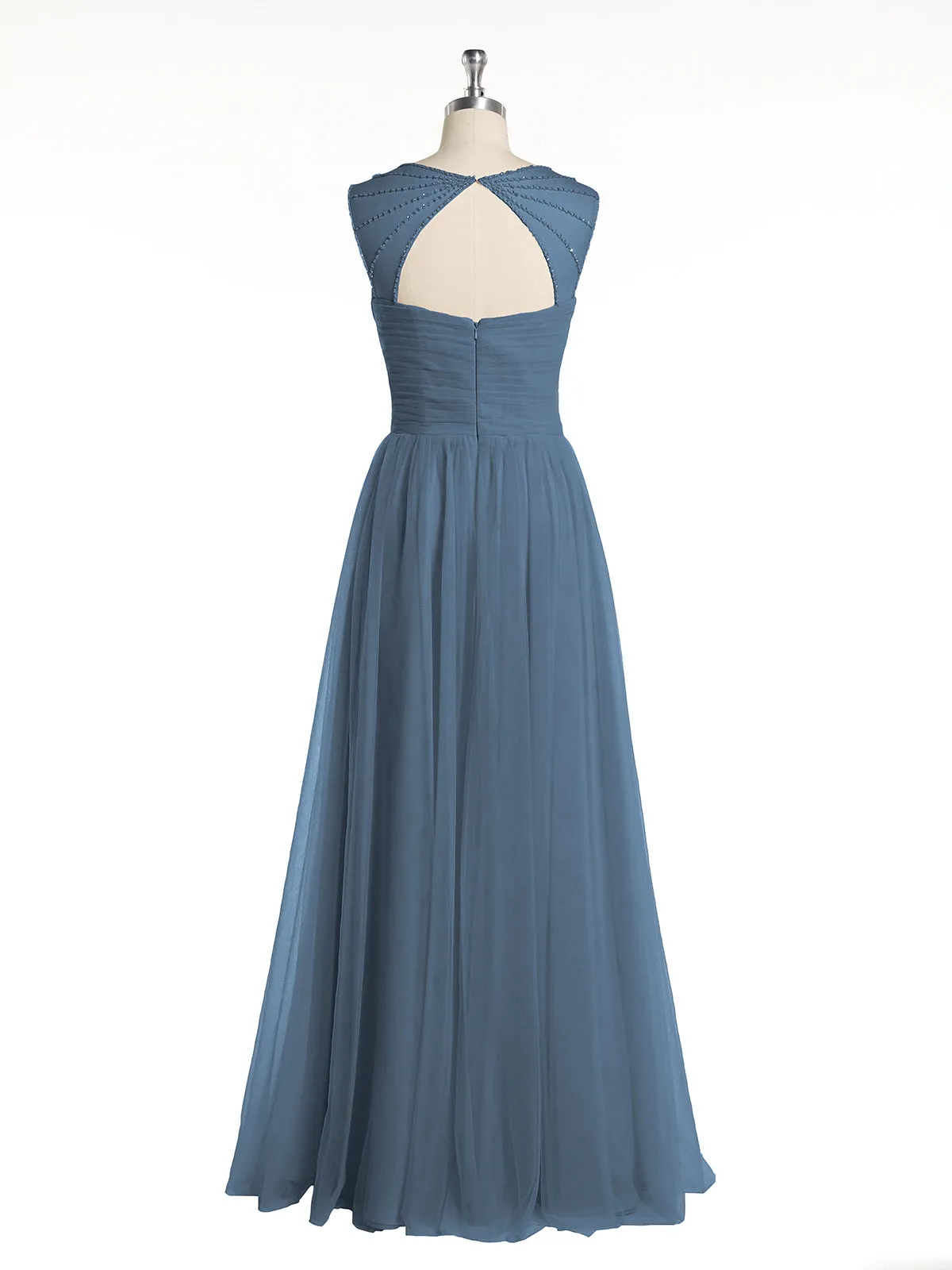Cross-Pleated Tulle Long Dresses with Beaded Straps Slate Blue
