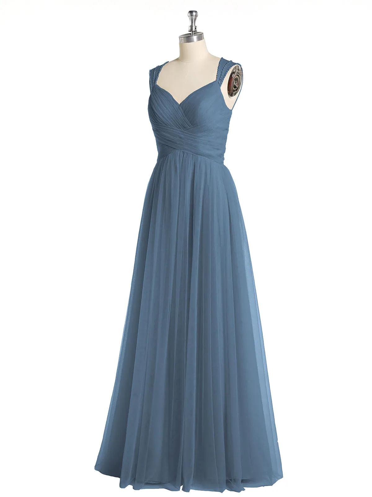 Cross-Pleated Tulle Long Dresses with Beaded Straps Slate Blue
