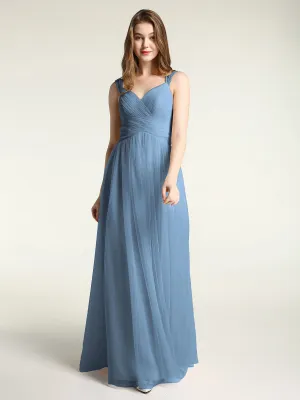 Cross-Pleated Tulle Long Dresses with Beaded Straps Slate Blue