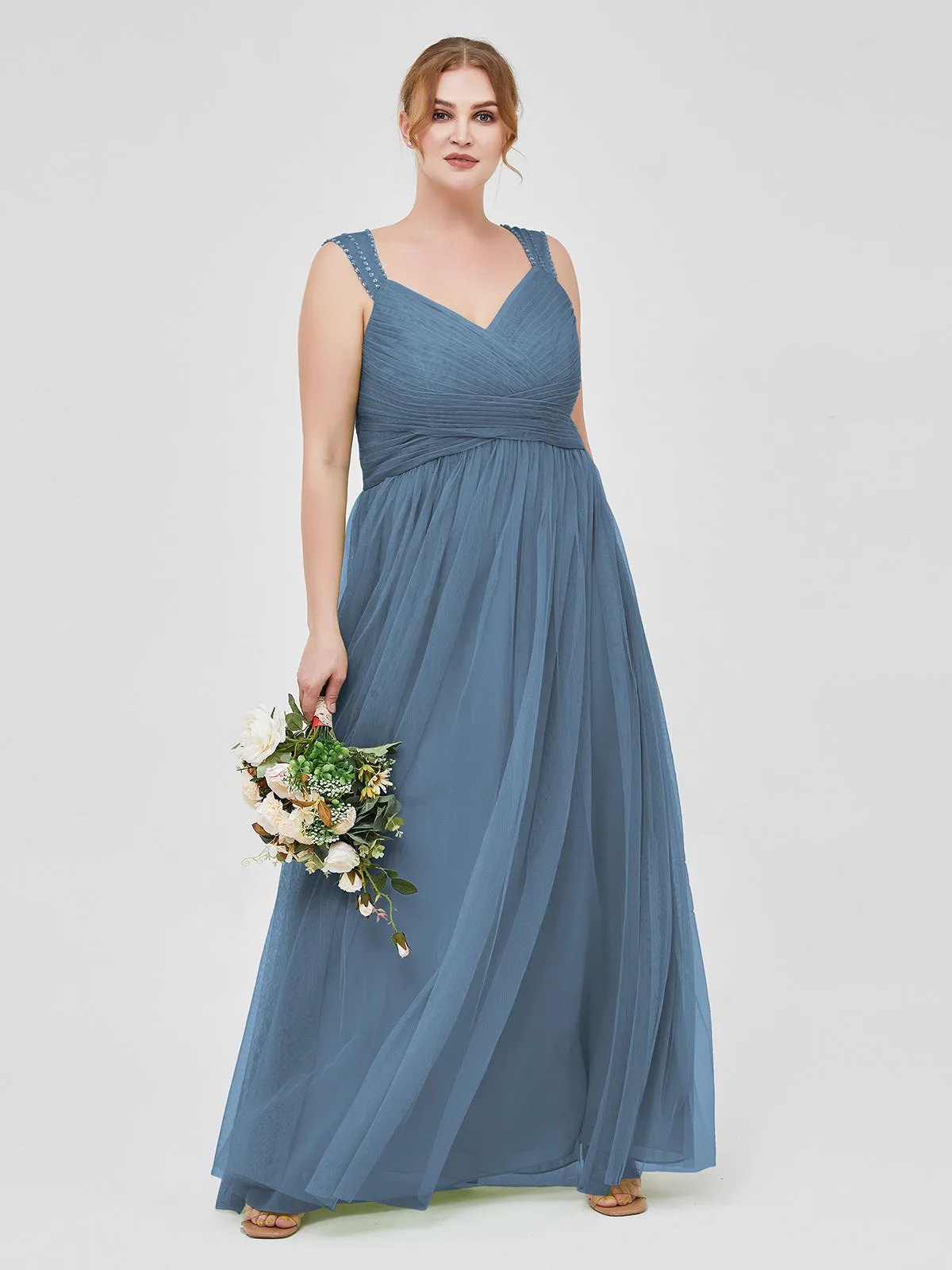Cross-Pleated Tulle Long Dresses with Beaded Straps Slate Blue