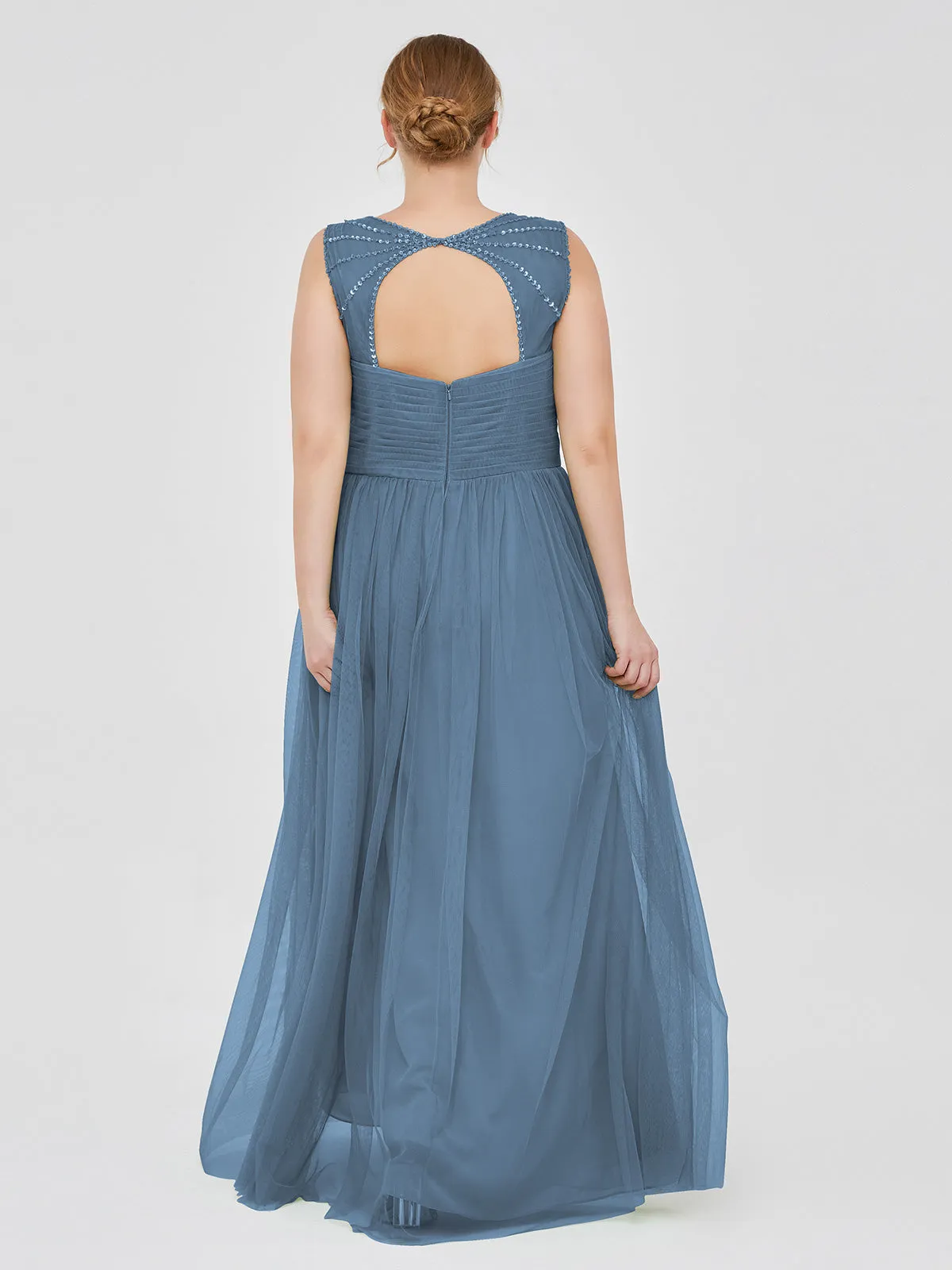 Cross-Pleated Tulle Long Dresses with Beaded Straps Slate Blue