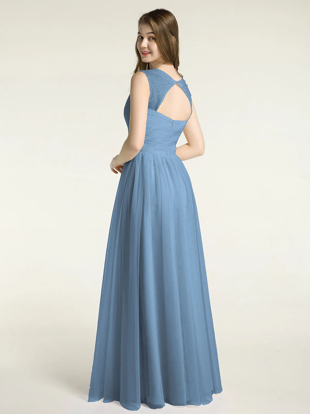 Cross-Pleated Tulle Long Dresses with Beaded Straps Slate Blue