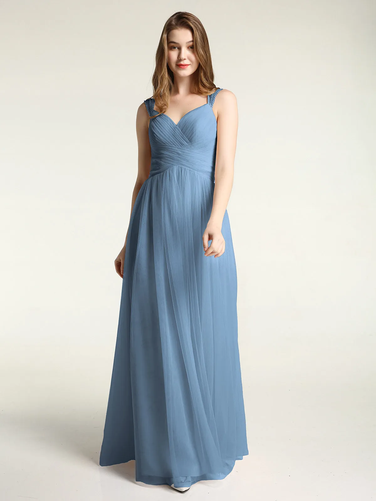 Cross-Pleated Tulle Long Dresses with Beaded Straps Slate Blue