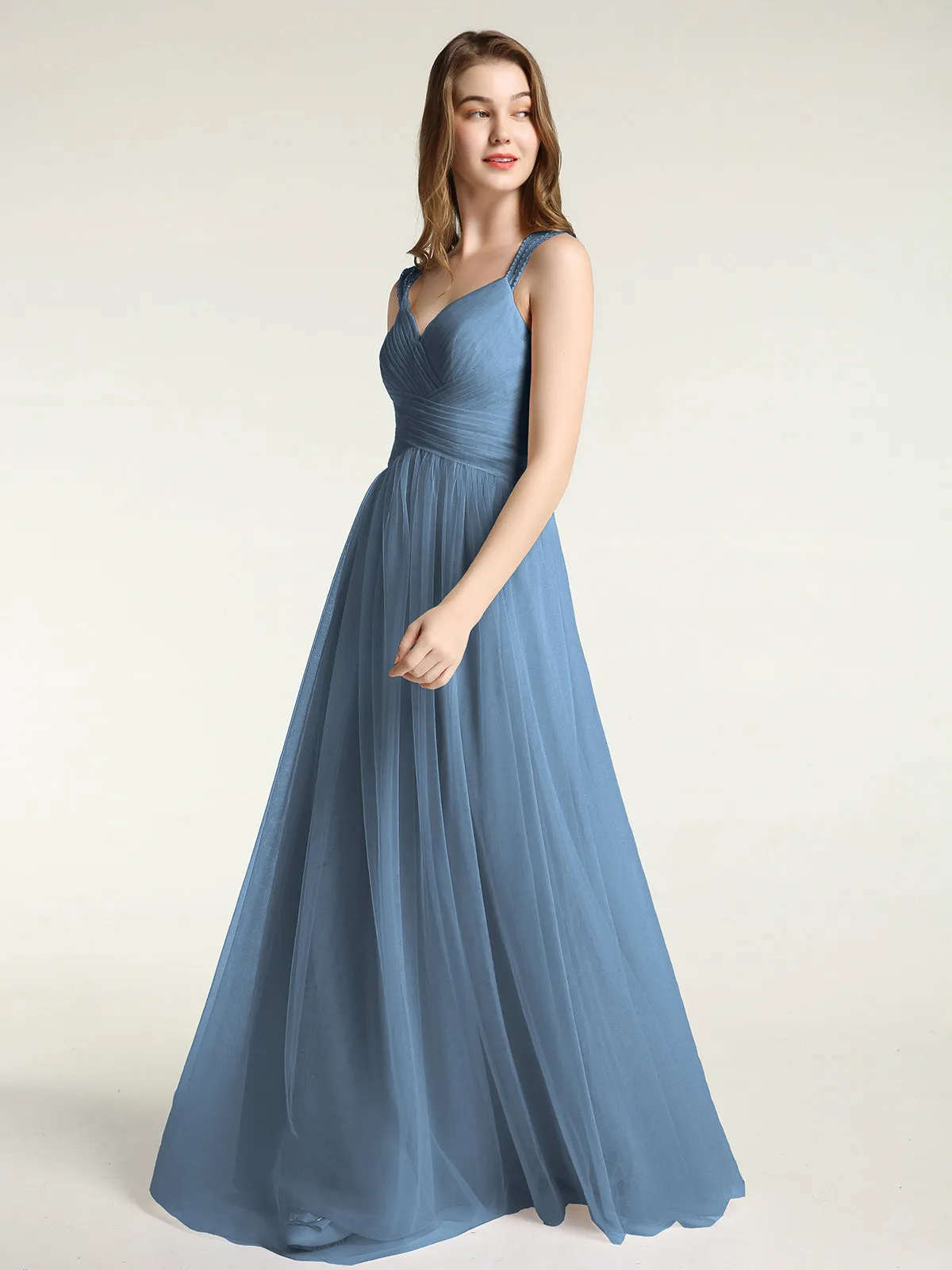 Cross-Pleated Tulle Long Dresses with Beaded Straps Slate Blue