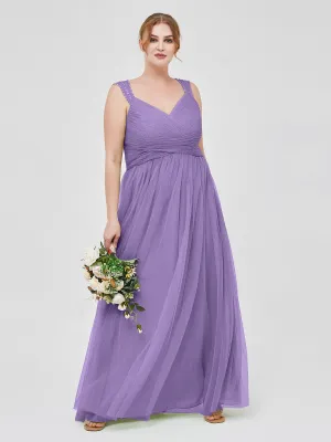 Cross-Pleated Tulle Long Dresses with Beaded Straps Tahiti Plus Size