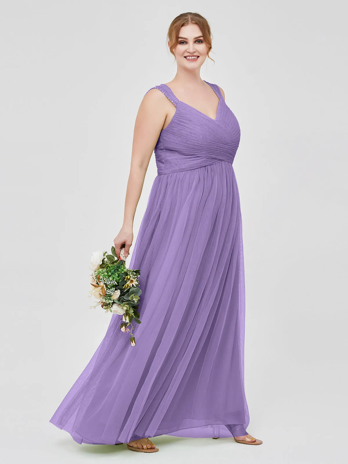 Cross-Pleated Tulle Long Dresses with Beaded Straps Tahiti Plus Size