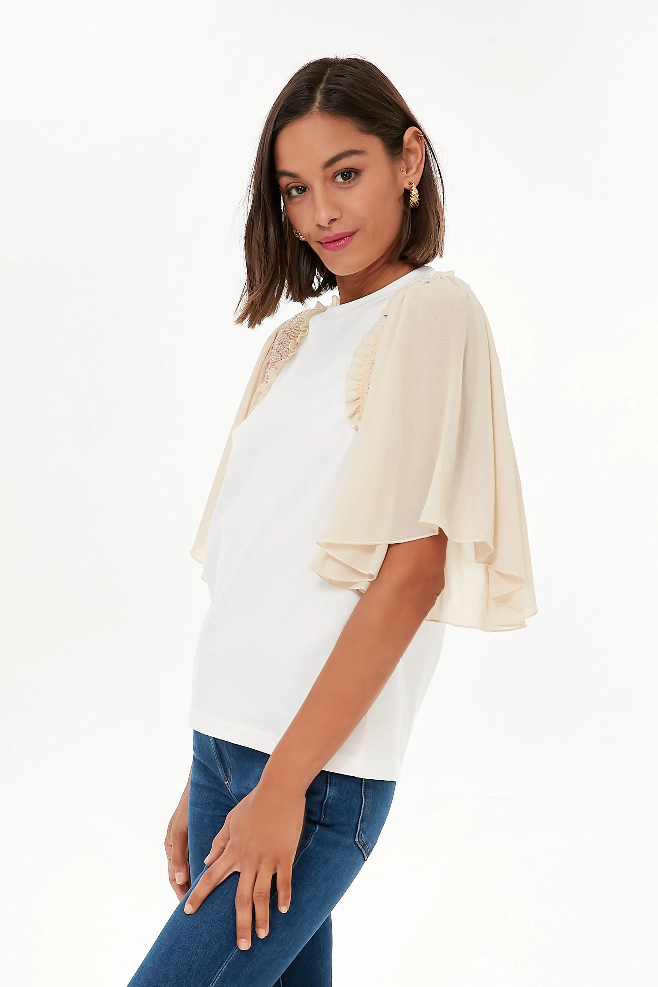 Crystal White Smocked Sleeve Embellished Tee