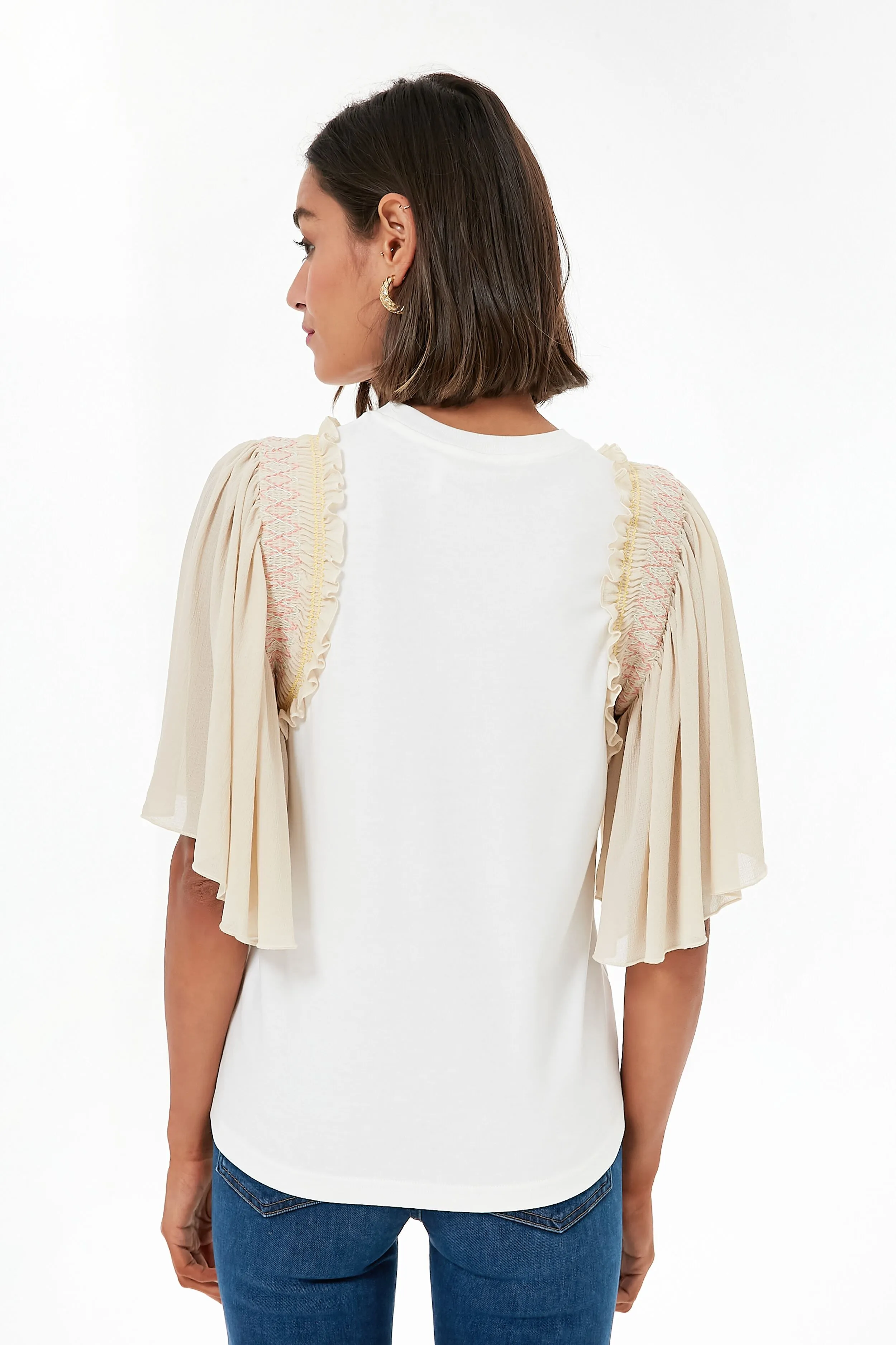 Crystal White Smocked Sleeve Embellished Tee