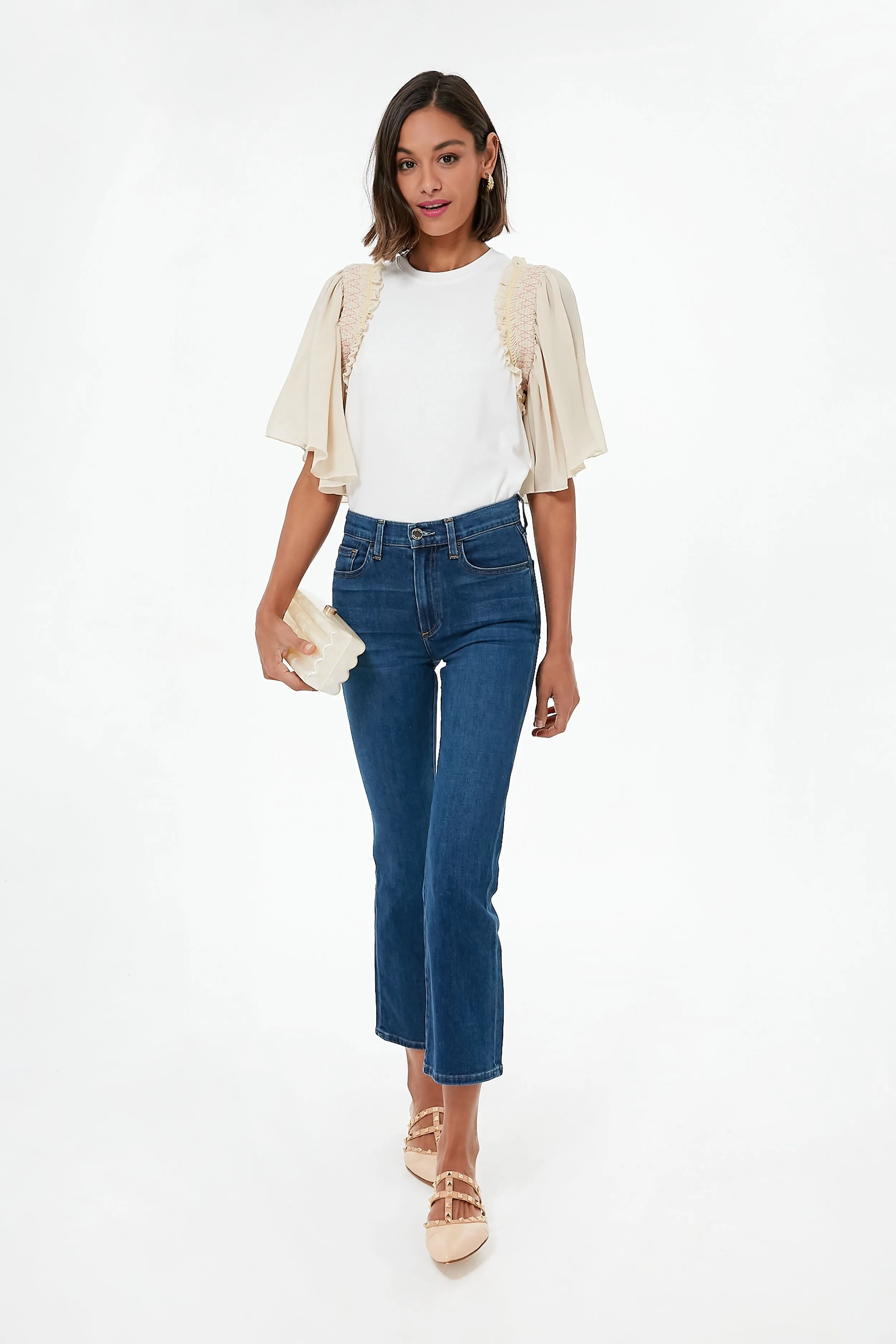 Crystal White Smocked Sleeve Embellished Tee