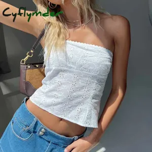 Cyflymder Boho Floral Hollow Out Tube Tops Chic Women Summer Off Shoulder Backless Crop Tops Y2K Fairycore Vintage Strapless Camisole