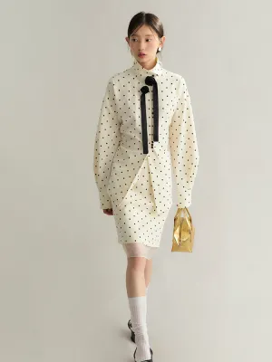 Dot Ciffon Nichi Balloon-Sleeve Chic Blouse＆Skirt