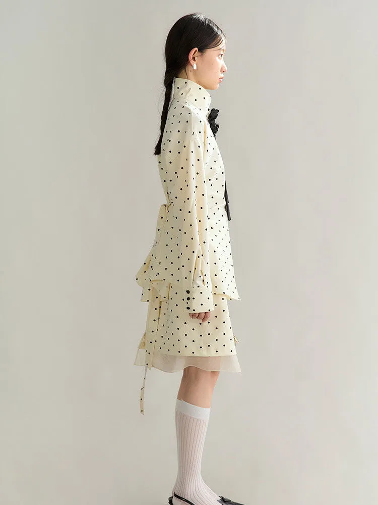 Dot Ciffon Nichi Balloon-Sleeve Chic Blouse＆Skirt