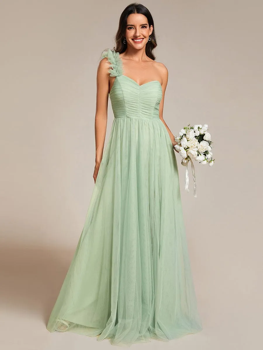 Elegant One Shoulder Maxi Tulle High Slit Dress In Sage Green