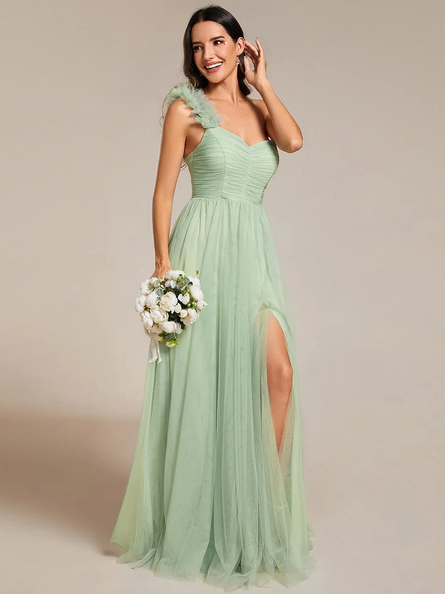 Elegant One Shoulder Maxi Tulle High Slit Dress In Sage Green