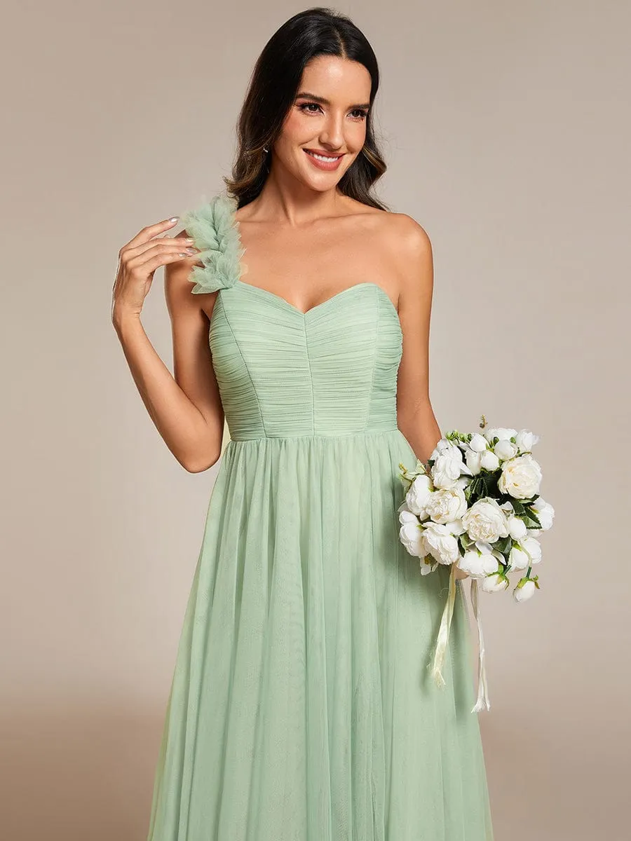 Elegant One Shoulder Maxi Tulle High Slit Dress In Sage Green
