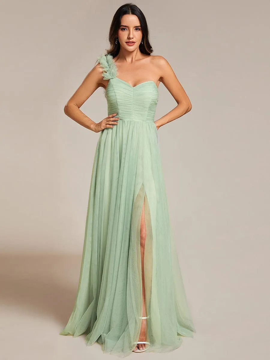 Elegant One Shoulder Maxi Tulle High Slit Dress In Sage Green